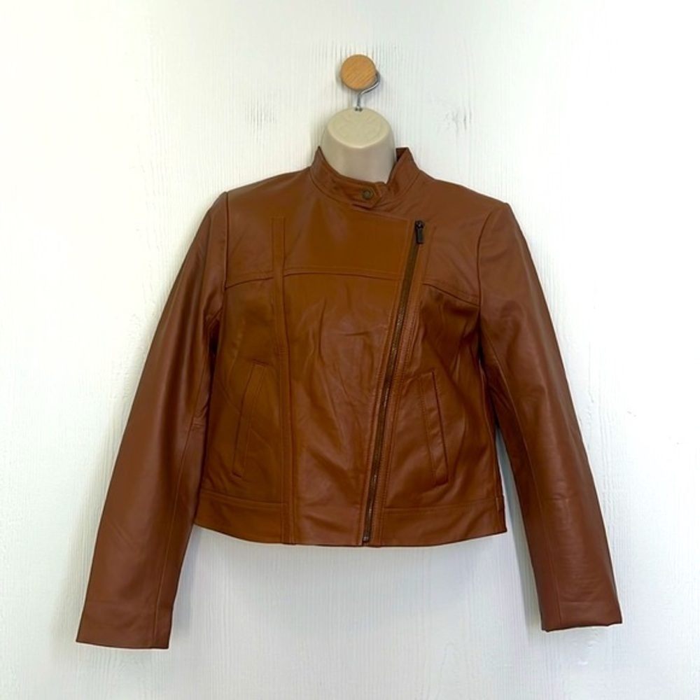 Michael Kors - Brown Leather Asymmetrical Zip Lined Long Sleeve Moto Jacket Med - Picture 2 of 12